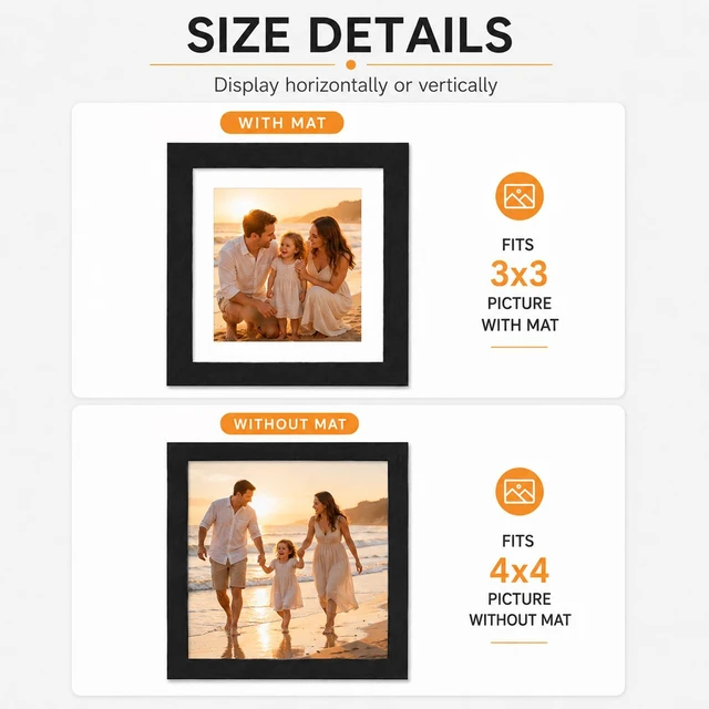 Alt view image 3 of 7 - 4x4 Picture Frame with 3x3 Mat, Display 3x3 with Mat or 4x4 Without Mat, Photo Frame with Shatter-Resistant Plexiglass for Tabletop or Wall Display, Black, 1 Pack