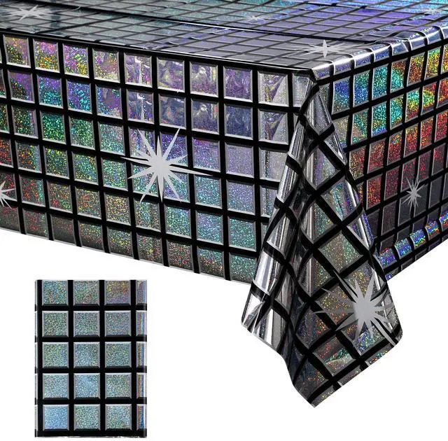 Main image of 1 Pack Disco Tablecloth Party Decorations, Shiny Iridescent Disposable Laser Rectangle Table Covers, Silver Plastic Table Cloth for 70s Disco Birthday Theme Party Decorations, 39 x 108Inch