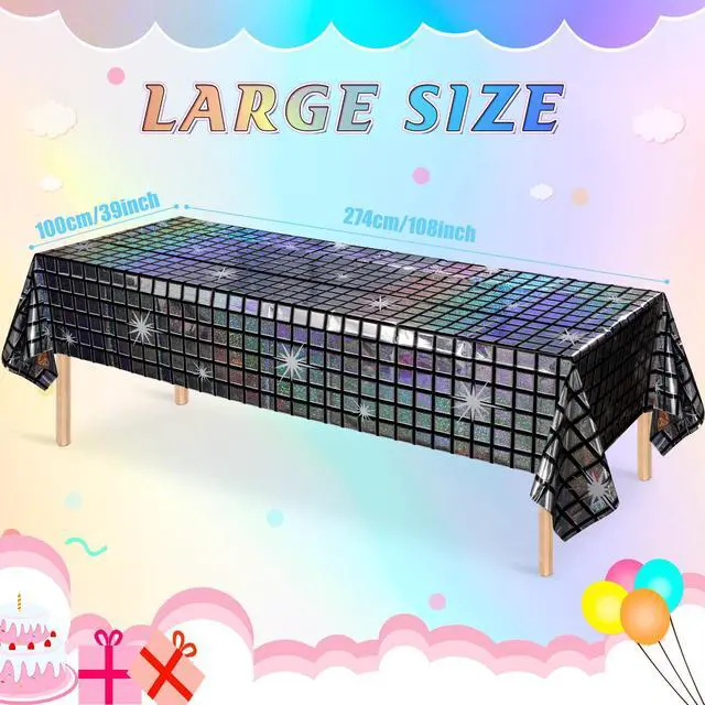 Alt view image 2 of 7 - 1 Pack Disco Tablecloth Party Decorations, Shiny Iridescent Disposable Laser Rectangle Table Covers, Silver Plastic Table Cloth for 70s Disco Birthday Theme Party Decorations, 39 x 108Inch