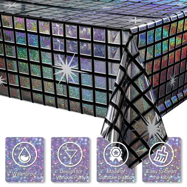 Alt view image 3 of 7 - 1 Pack Disco Tablecloth Party Decorations, Shiny Iridescent Disposable Laser Rectangle Table Covers, Silver Plastic Table Cloth for 70s Disco Birthday Theme Party Decorations, 39 x 108Inch