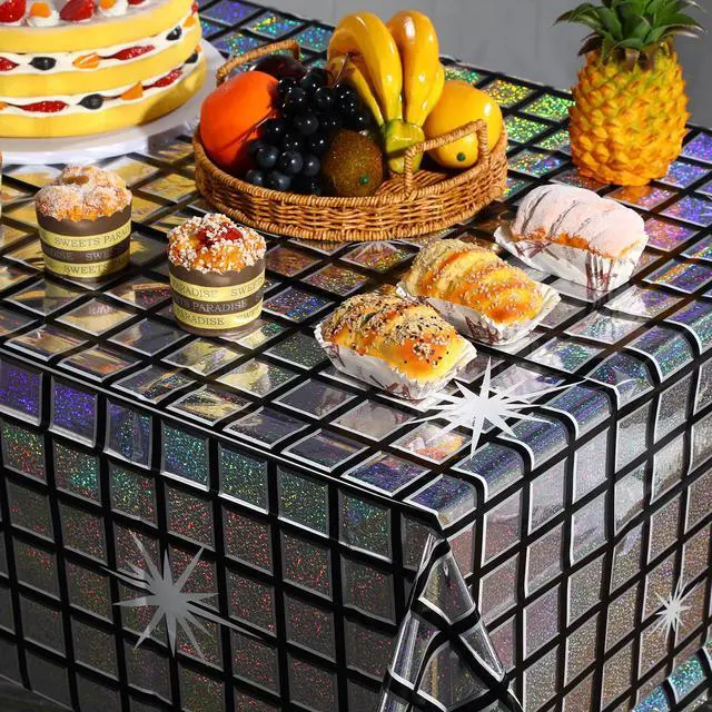 Alt view image 5 of 7 - 1 Pack Disco Tablecloth Party Decorations, Shiny Iridescent Disposable Laser Rectangle Table Covers, Silver Plastic Table Cloth for 70s Disco Birthday Theme Party Decorations, 39 x 108Inch