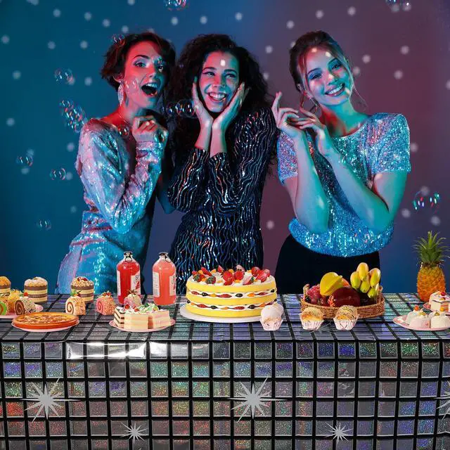 Alt view image 7 of 7 - 1 Pack Disco Tablecloth Party Decorations, Shiny Iridescent Disposable Laser Rectangle Table Covers, Silver Plastic Table Cloth for 70s Disco Birthday Theme Party Decorations, 39 x 108Inch