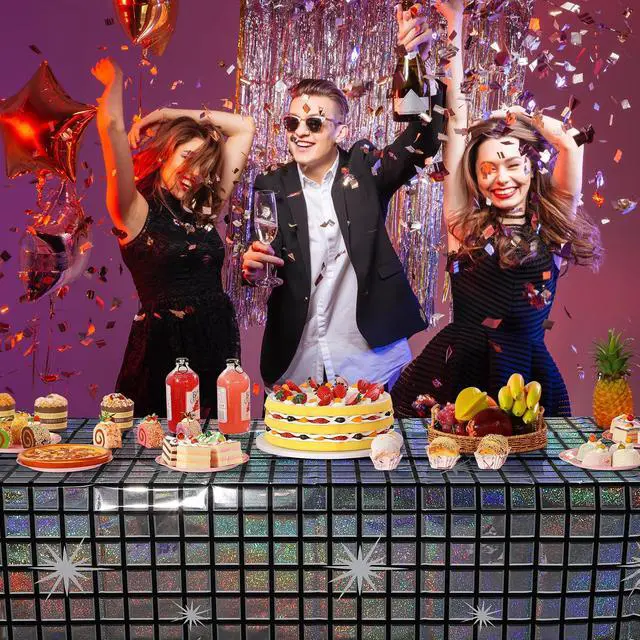 Alt view image 6 of 7 - 1 Pack Disco Tablecloth Party Decorations, Shiny Iridescent Disposable Laser Rectangle Table Covers, Silver Plastic Table Cloth for 70s Disco Birthday Theme Party Decorations, 39 x 108Inch