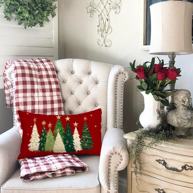 Alt view image 3 of 7 - Christmas Tree Pillow Covers 12x20 Watercolor Stars Xmas Decor | Red Christmas Decorative Throw Pillows,Not Insert,Machine Washable,Winter Holiday Decoration for Home Couch Farmhouse