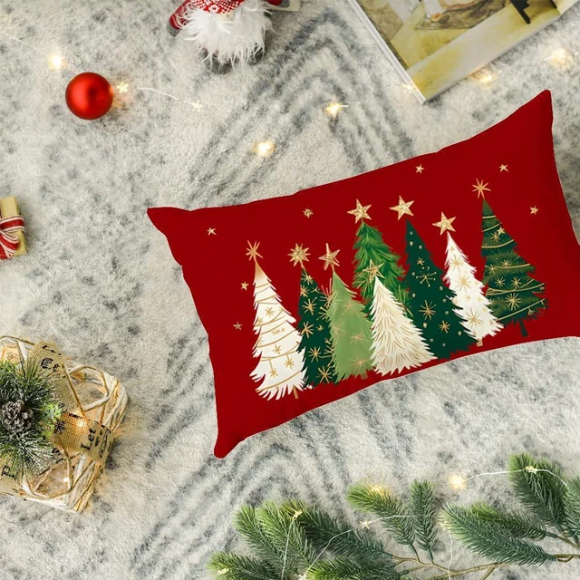 Alt view image 4 of 7 - Christmas Tree Pillow Covers 12x20 Watercolor Stars Xmas Decor | Red Christmas Decorative Throw Pillows,Not Insert,Machine Washable,Winter Holiday Decoration for Home Couch Farmhouse