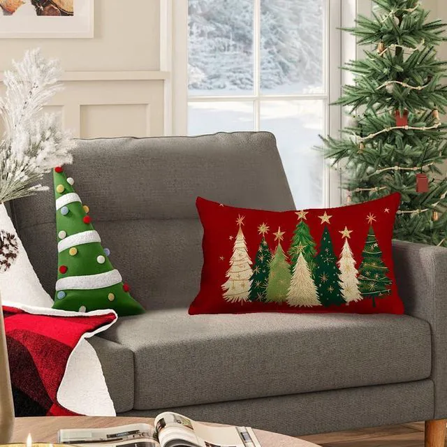 Alt view image 2 of 7 - Christmas Tree Pillow Covers 12x20 Watercolor Stars Xmas Decor | Red Christmas Decorative Throw Pillows,Not Insert,Machine Washable,Winter Holiday Decoration for Home Couch Farmhouse