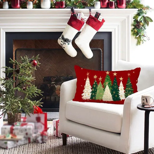 Alt view image 5 of 7 - Christmas Tree Pillow Covers 12x20 Watercolor Stars Xmas Decor | Red Christmas Decorative Throw Pillows,Not Insert,Machine Washable,Winter Holiday Decoration for Home Couch Farmhouse