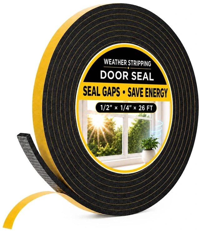 Main image of 26Ft Weather Stripping Door Seal - 1/2" x 1/4" Door Seal Strip for Door Frame, High Density Foam Insulation Tape, Self Adhesive Soundproof Gap Filler for Doors, Windows, Sliding Door and AC Units