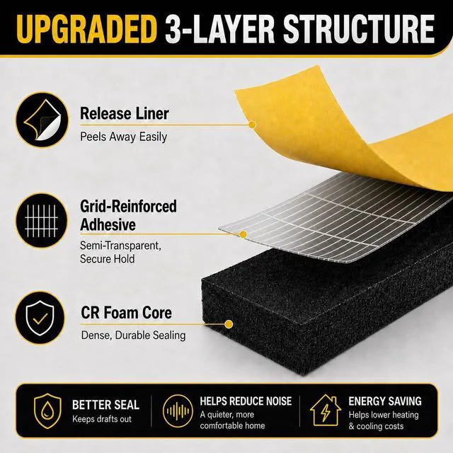 Alt view image 2 of 7 - 26Ft Weather Stripping Door Seal - 1/2" x 1/4" Door Seal Strip for Door Frame, High Density Foam Insulation Tape, Self Adhesive Soundproof Gap Filler for Doors, Windows, Sliding Door and AC Units