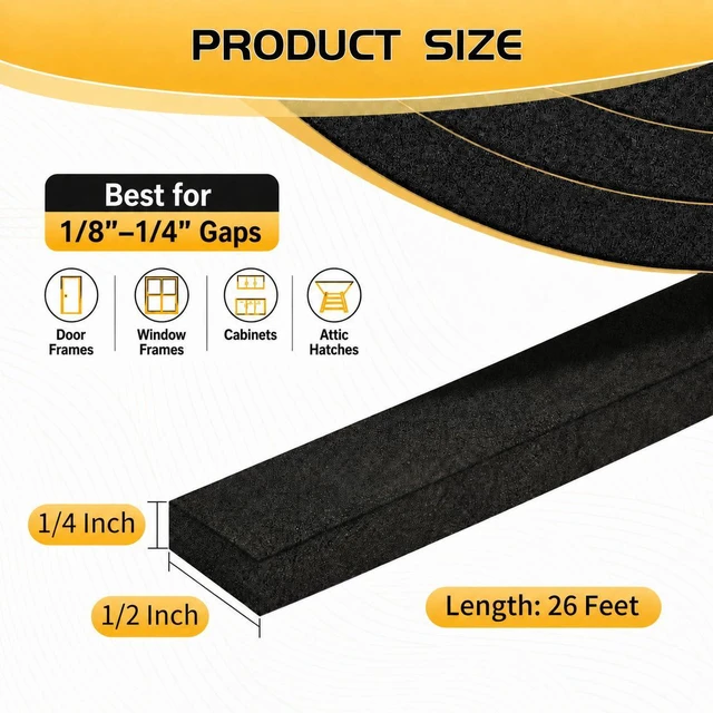 Alt view image 3 of 7 - 26Ft Weather Stripping Door Seal - 1/2" x 1/4" Door Seal Strip for Door Frame, High Density Foam Insulation Tape, Self Adhesive Soundproof Gap Filler for Doors, Windows, Sliding Door and AC Units