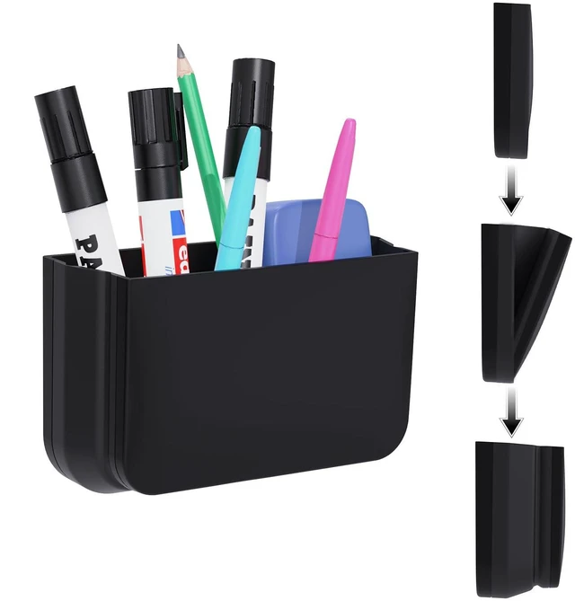 Main image of Magnetic Foldable Pen Holder Desk Accessories for Home Office 1 Pack Black | Strong Magnet, Space Saving, Dry Erase Marker Pencil Holder for Whiteboard, Locker,Refrigerator, Remote Holder