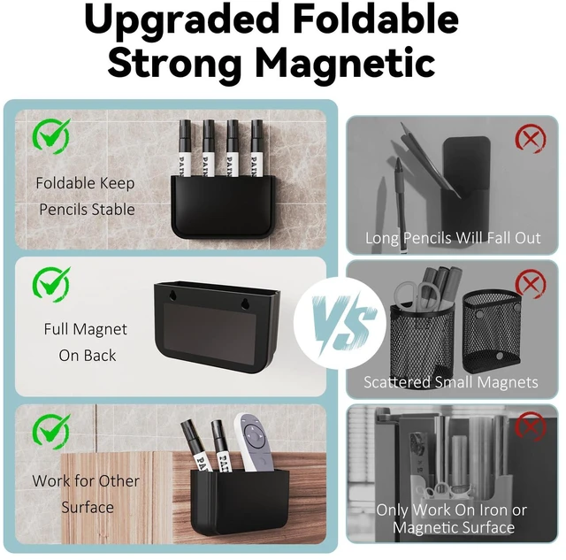 Alt view image 3 of 7 - Magnetic Foldable Pen Holder Desk Accessories for Home Office 1 Pack Black | Strong Magnet, Space Saving, Dry Erase Marker Pencil Holder for Whiteboard, Locker,Refrigerator, Remote Holder