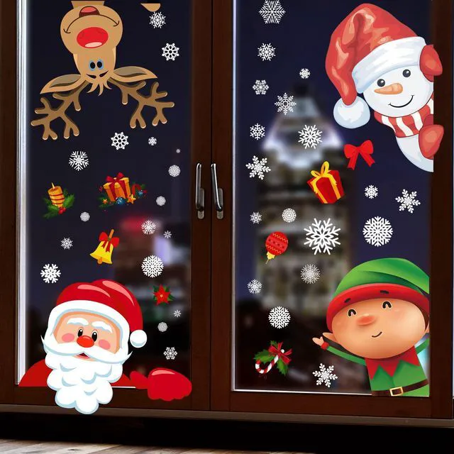 Alt view image 2 of 6 - Christmas Window Clings Christmas Decorations Window Stickers Decals Xmas | Snowflakes Window Clings Santa Snowman Reindeer Decor for Office Home Room Bathroom Kitchen Indoor School Classroom Decor