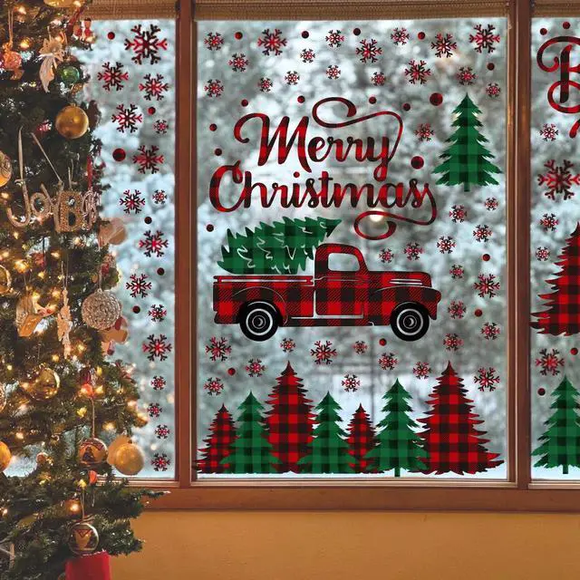 Alt view image 2 of 6 - 226 PCS Christmas Window Cling Sticker, Red Green Trees Snow Truck for Home Party Supplies Shop Window Glass Display Decoration