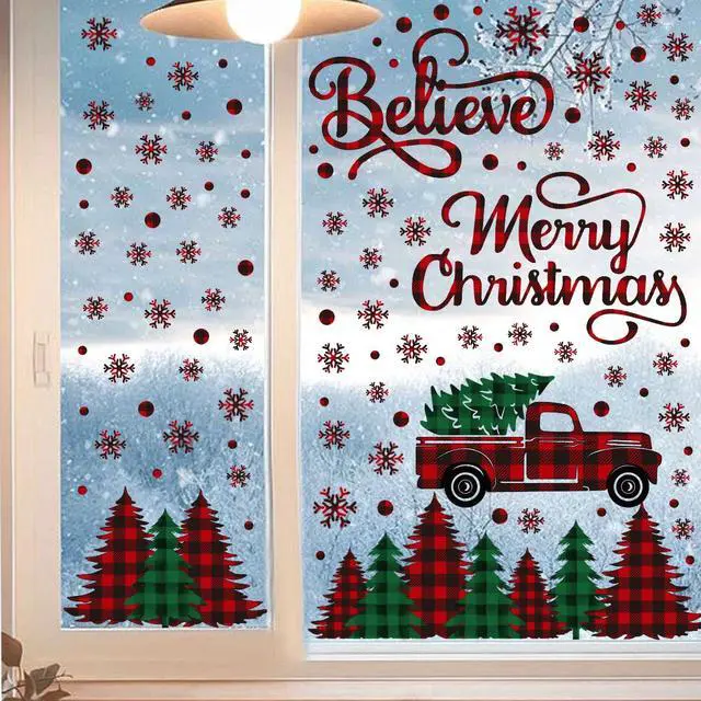 Alt view image 3 of 6 - 226 PCS Christmas Window Cling Sticker, Red Green Trees Snow Truck for Home Party Supplies Shop Window Glass Display Decoration