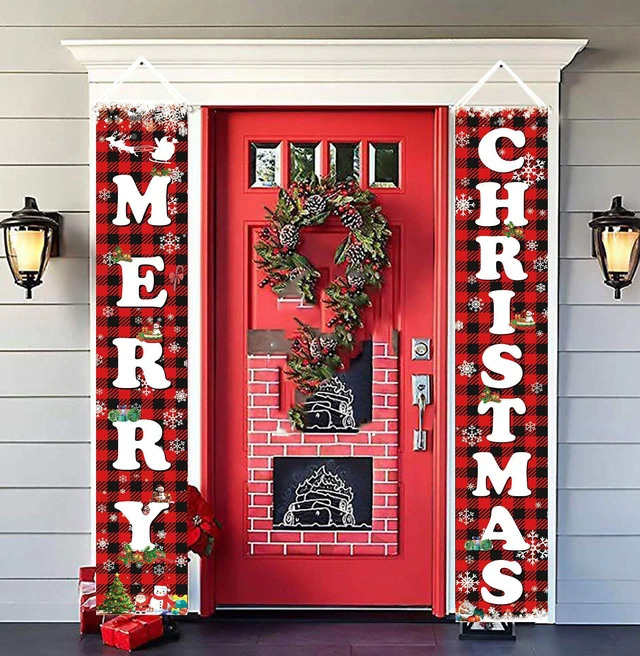 Alt view image 3 of 7 - MERRY CHRISTMAS Hanging Banner Porch Sign & Christmas Stree Snow Pattern Backdrop for Home Yard Indoor Outdoor Wall Door Party Decorations 72"x12"