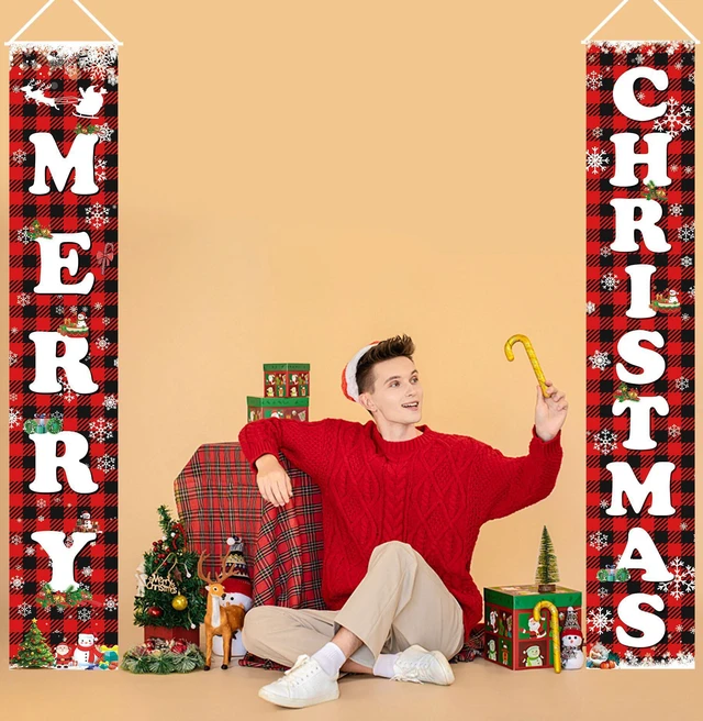 Alt view image 4 of 7 - MERRY CHRISTMAS Hanging Banner Porch Sign & Christmas Stree Snow Pattern Backdrop for Home Yard Indoor Outdoor Wall Door Party Decorations 72"x12"