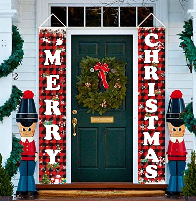 Alt view image 6 of 7 - MERRY CHRISTMAS Hanging Banner Porch Sign & Christmas Stree Snow Pattern Backdrop for Home Yard Indoor Outdoor Wall Door Party Decorations 72"x12"