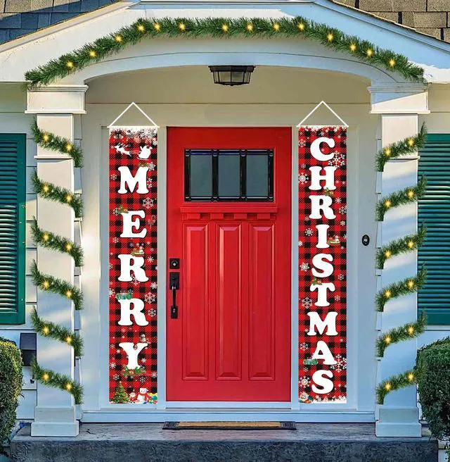 Alt view image 7 of 7 - MERRY CHRISTMAS Hanging Banner Porch Sign & Christmas Stree Snow Pattern Backdrop for Home Yard Indoor Outdoor Wall Door Party Decorations 72"x12"
