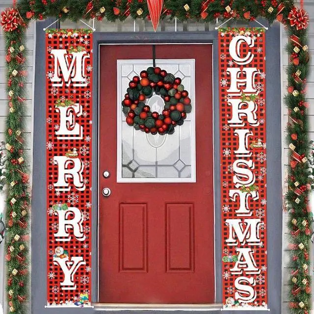Alt view image 2 of 7 - Merry Christmas Hanging Banner Porch Sign with Pattern Christmas Tree Presents Snow Banner for Home Yard Indoor Outdoor Wall Door Christmas Party Decorations 72"x12"