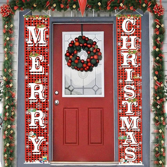 Main image of Merry Christmas Hanging Banner Porch Sign with Pattern Christmas Tree Presents Snow Banner for Home Yard Indoor Outdoor Wall Door Christmas Party Decorations 72"x12"