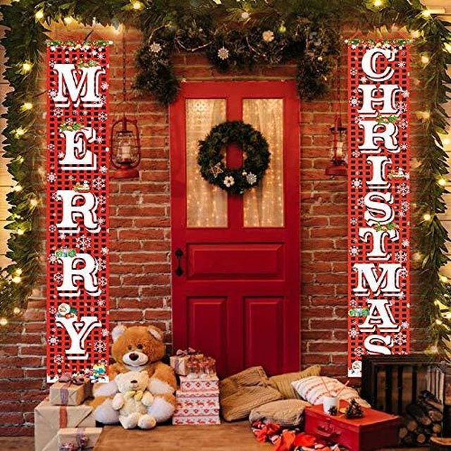 Alt view image 4 of 7 - Merry Christmas Hanging Banner Porch Sign with Pattern Christmas Tree Presents Snow Banner for Home Yard Indoor Outdoor Wall Door Christmas Party Decorations 72"x12"