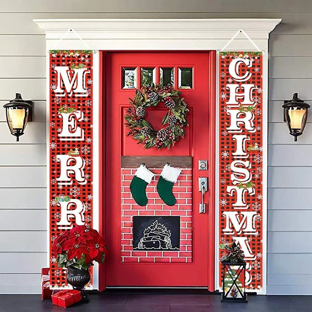 Alt view image 7 of 7 - Merry Christmas Hanging Banner Porch Sign with Pattern Christmas Tree Presents Snow Banner for Home Yard Indoor Outdoor Wall Door Christmas Party Decorations 72"x12"