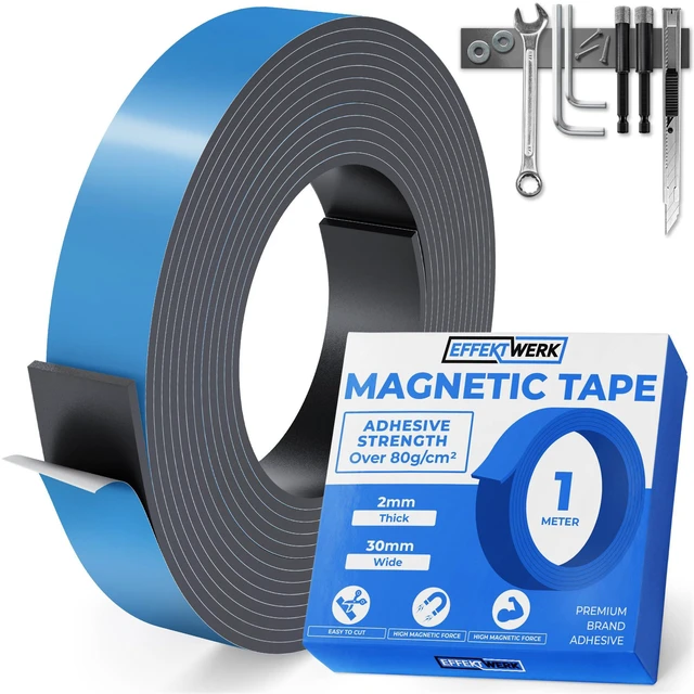Main image of EWerk - Magnetic Tape Roll - 3.3' / 1 Meter - Extra Thick & Wide Magnet Strips w/ Strong Self-Adhesive Backing - Easy to Cut & Stick to Surfaces - Perfect for DIY, Whiteboard & Fridge Organization