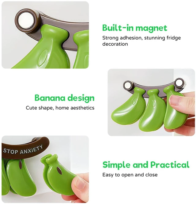 Alt view image 3 of 6 - 2PCS Cute Fridge Magnets Banana Shape Yellow/Green, Multi-Function Refrigerator Magnets Bag Sealing Clips, Decorative Food Storage Clips for Home Kitchen Office, Practical Gift for Housewarming/Xmas