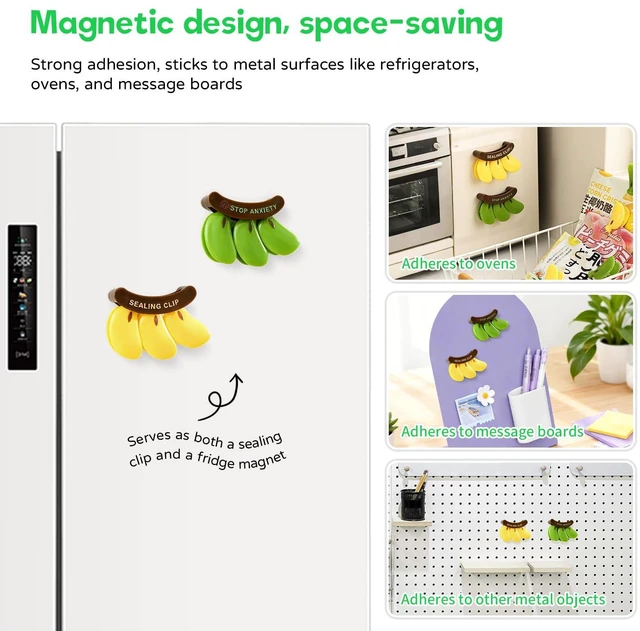 Alt view image 5 of 6 - 2PCS Cute Fridge Magnets Banana Shape Yellow/Green, Multi-Function Refrigerator Magnets Bag Sealing Clips, Decorative Food Storage Clips for Home Kitchen Office, Practical Gift for Housewarming/Xmas