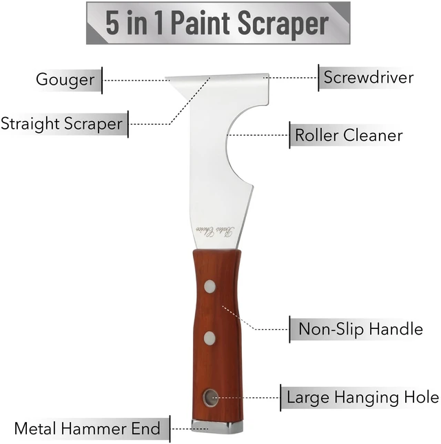 Alt view image 3 of 6 - Paint Scraper Tool, 5 in 1 Painters Tool, Rose Wooden Handle Paint Scrapers for Wood, Putty Knife, Metal Spackle Knife, Metal Hammer End, Stainless Steel