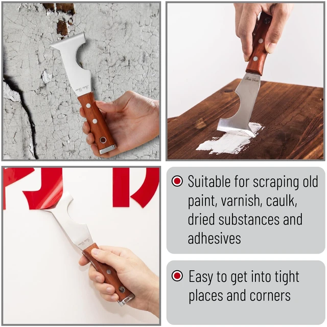 Alt view image 5 of 6 - Paint Scraper Tool, 5 in 1 Painters Tool, Rose Wooden Handle Paint Scrapers for Wood, Putty Knife, Metal Spackle Knife, Metal Hammer End, Stainless Steel
