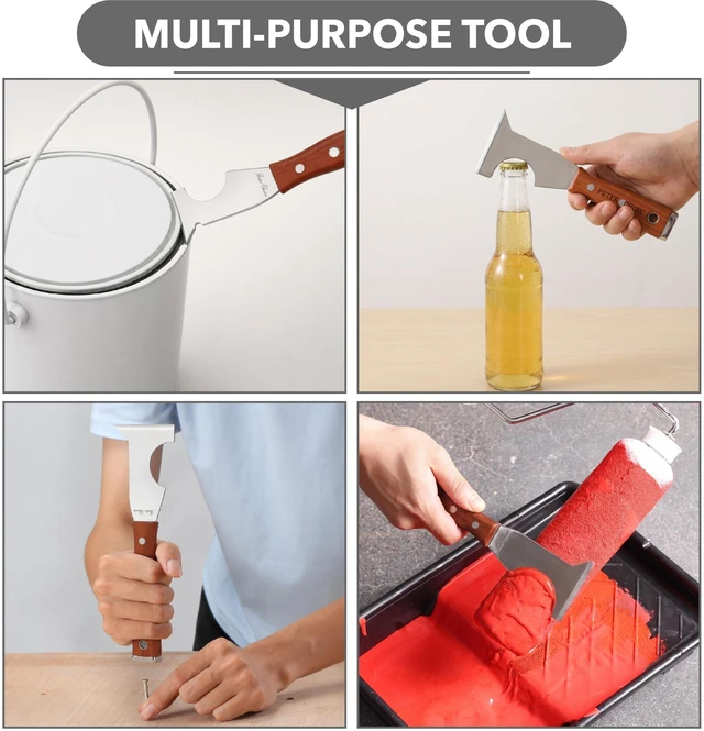 Alt view image 6 of 6 - Paint Scraper Tool, 5 in 1 Painters Tool, Rose Wooden Handle Paint Scrapers for Wood, Putty Knife, Metal Spackle Knife, Metal Hammer End, Stainless Steel