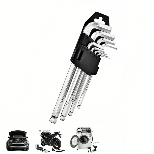 Main image of Professional 9-Piece Ball End Hex Key Set, Chrome Vanadium Steel L-Wrenches, 1.5-10mm Metric Sizes, Industrial-Grade with Storage Case for Automotive, Motorcycle, DIY Repair (L)