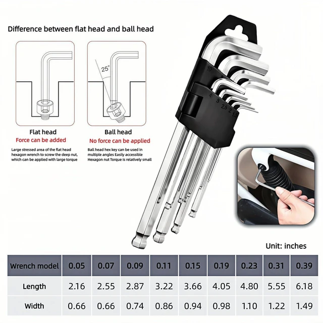 Alt view image 6 of 7 - Professional 9-Piece Ball End Hex Key Set, Chrome Vanadium Steel L-Wrenches, 1.5-10mm Metric Sizes, Industrial-Grade with Storage Case for Automotive, Motorcycle, DIY Repair (L)
