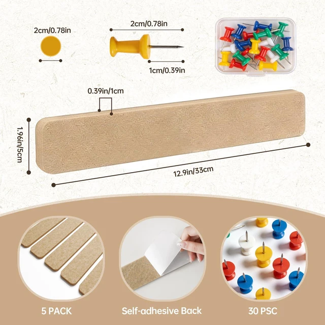 Alt view image 2 of 6 - 5-Pack Felt Bulletin Board Strips 13x2 Inches,Self-Adhesive Cork Board Strips for Wall, Pin Board Strip with 30 Push Pins for Paste Notes,Pictures, Keys,Classroom Home Office (Brown)
