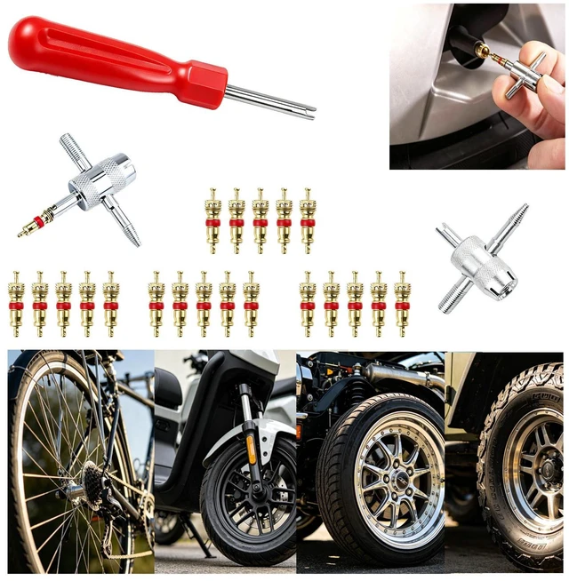 Alt view image 2 of 7 - Micsci Valve Stem Removal Tool, 20 PCS Valve Cores, 20 PCS Tire Valves Caps, 1 PCS 4-Way Valves Tool, Valve Core Remover Tool with Storage Box Universal for Cars/Motocycle/Bike