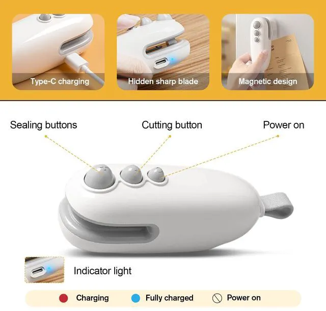 Alt view image 6 of 7 - 2Pcs Mini Bag Sealer with Cutter and Magnet, Portable Handheld 2 in 1 Rechargeable Food Bag Sealer, Mini Bag Sealer Magnetic, Heat Sealer for Plastic Bag Snack Bag Food Storage (White+Blue)