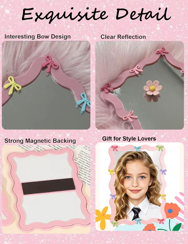 Alt view image 4 of 7 - Bow Magnetic Locker Mirror 5" x 7" Small Real Glass Makeup Mirror with Magnetic Backing Lockers Decoration Lockers Accessories for Girls Refrigerator Bathroom, Dorm, Office Cabinet - Muti Color