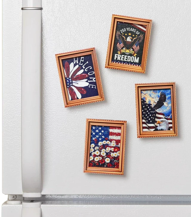 Main image of Patriotic 4th of July Wooden Fridge Magnets,250th Anniversary American,Refrigerator Metal Door Mailbox Locker Independence Day Decorative Wood Magnets for Kitchen,Office,Memorial Day Home Decor 4PCS