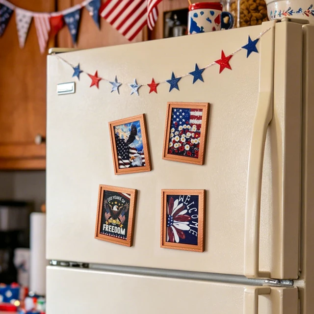 Alt view image 3 of 7 - Patriotic 4th of July Wooden Fridge Magnets,250th Anniversary American,Refrigerator Metal Door Mailbox Locker Independence Day Decorative Wood Magnets for Kitchen,Office,Memorial Day Home Decor 4PCS