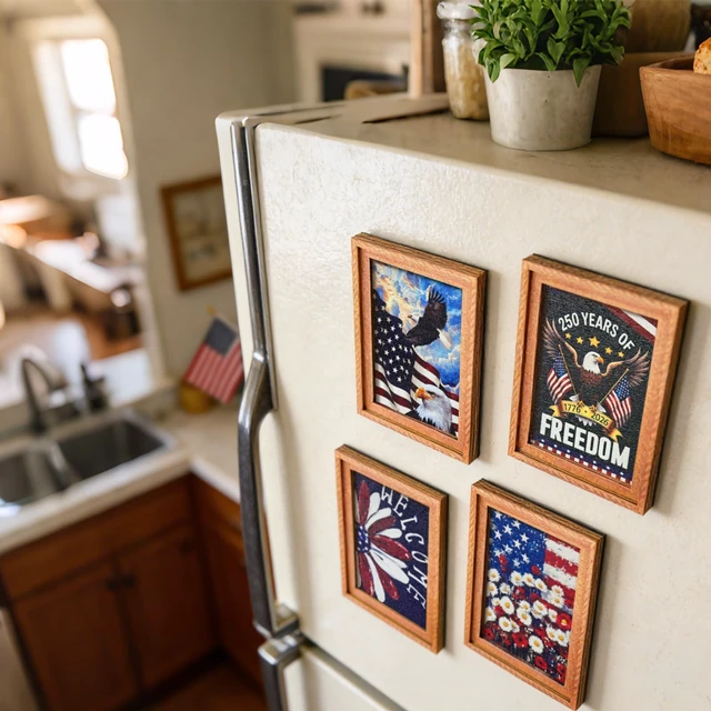 Alt view image 6 of 7 - Patriotic 4th of July Wooden Fridge Magnets,250th Anniversary American,Refrigerator Metal Door Mailbox Locker Independence Day Decorative Wood Magnets for Kitchen,Office,Memorial Day Home Decor 4PCS