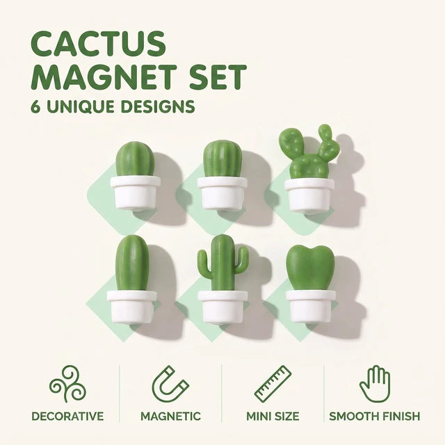 Alt view image 6 of 7 - 6Pcs White Fridge Magnets, Cute Cactus Sticker Magnet Stickers, Whiteboard Magnet Decorative Locker Fridge Stickers for Home Kitchen Office Use Refrigerator Magnets