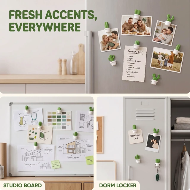 Alt view image 7 of 7 - 6Pcs White Fridge Magnets, Cute Cactus Sticker Magnet Stickers, Whiteboard Magnet Decorative Locker Fridge Stickers for Home Kitchen Office Use Refrigerator Magnets
