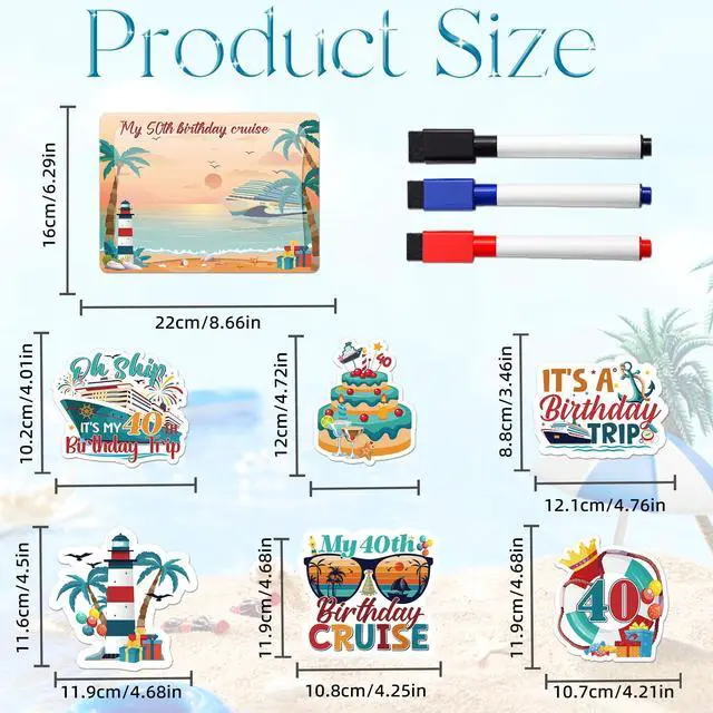 Alt view image 2 of 7 - Cruise Door Magnets, 7 Pcs 40th Birthday Magnets for Cruise Ship Door | Magnetic cruise door decorations for cabin identification, includes pens for names and personalization