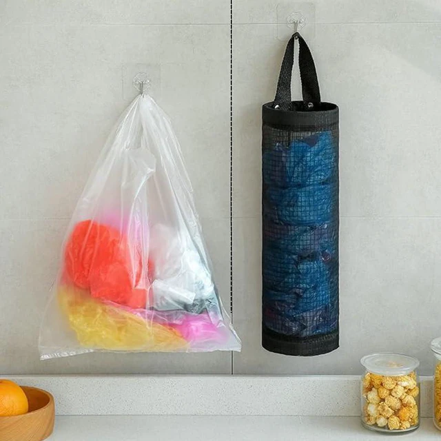 Alt view image 3 of 5 - 2-Pack Plastic Bag Holder Mesh Hanging Grocery Bag Dispenser | Trash Bag Organizer for Plastic Bags, Shopping Bag Storage Solution