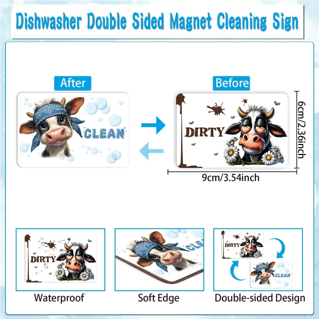 Alt view image 2 of 6 - Dishwasher Magnet Clean Dirty Sign - Cosmisun Cow Dish Washer Magnet Funny Cartoon Cow Double Sided Clean Dirty Magnets for Dishwasher Magnetic Flip Indicator for Home Kitchen Refrigerator Decor