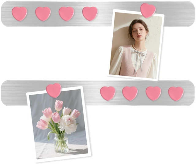 Main image of DUJEQM Magnetic Board Strips - 2Pcs Stainless Iron Magnetic Strips with Adhesive Backing & 10 Pink Heart Magnets, Frameless Small Bulletin Board for Wall, DIY Memo Board for Home Kitchen School Office