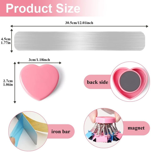 Alt view image 2 of 7 - DUJEQM Magnetic Board Strips - 2Pcs Stainless Iron Magnetic Strips with Adhesive Backing & 10 Pink Heart Magnets, Frameless Small Bulletin Board for Wall, DIY Memo Board for Home Kitchen School Office