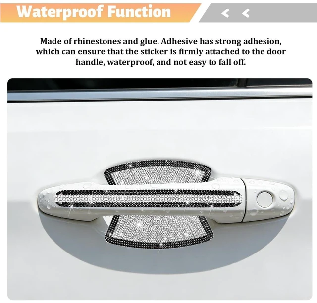 Alt view image 5 of 6 - Norkmdi 8PCS Bling Car Door Handle Protector, Crystal Rhinestone Vehicle Door Bowl Scratch Cover Sticker, Glitter Automotive Exterior Decor Accessories, Universal for SUV Sedan Truck (Black/White)